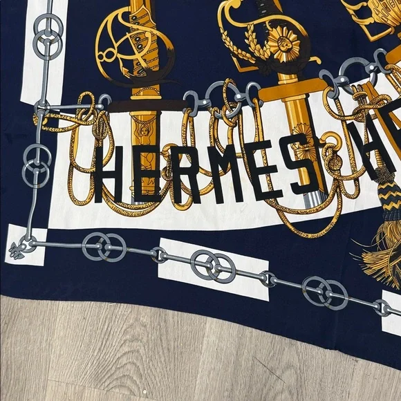 Hermes Navy, Gold & White Silk Scarf with Equestrian Hardware Motif - Picture 2 of 5